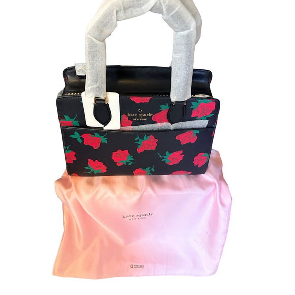 Kate Spade Madison Rose Toss Printed Medium Satchel Black Red Rose Floral KE536 - Picture 8 of 8